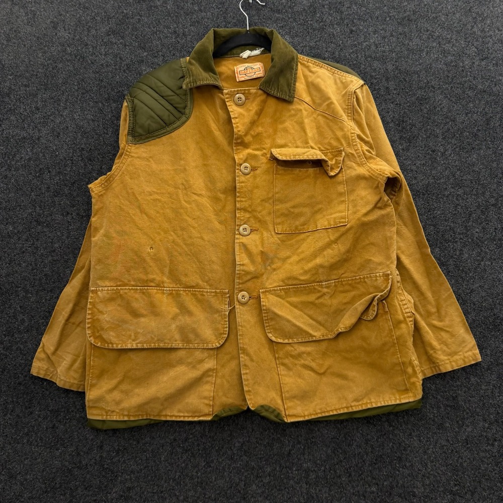 Vintage 70s Saf-T-Bak Hunting Jacket Tan Canvas Field Coat Men XL Game Bag
